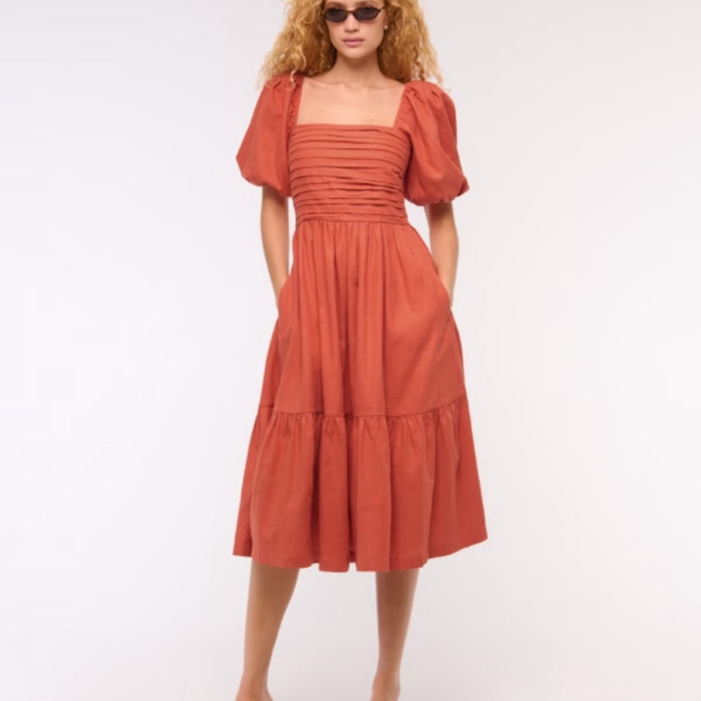 Abercrombie & Fitch A&F Emerson Linen-Blend Puff Sleeve Midi Dress in Red